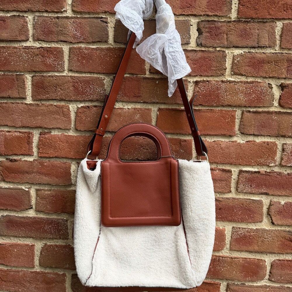 Vince Camuto Women's Lela Leather Faux Fur Tote Handbag Cinnamon Stick NWT